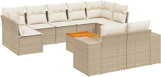 vidaXL 10-tlg. Garten-Sofagarnitur in L-Form aus Poly-Rattan und Akazienholz mit Kissen in Beige/Cremeweiß - Bild 1