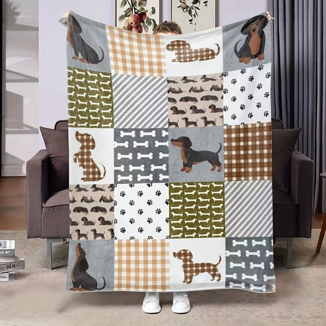 Weiche Flanell-Überwurfdecke von ZZN mit Dackel-Hund-Aufdruck in Multicolour für Bett und Sofa - Bild 1