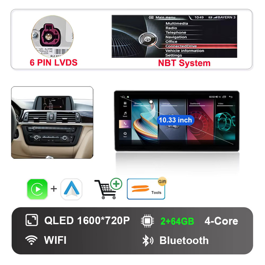 KJ-NAVI Android 14 Multimedia Autoradio mit Carplay für BMW 3er und 4er Serie F30 F31 F32 F33 F34 F36 (2013-2019) NBT EVO System, Schwarz - Bild 4