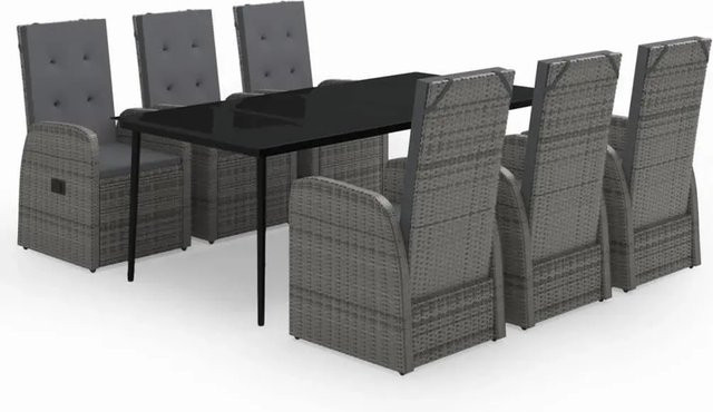 vidaXL 7-teilige Garten-Essgruppe aus PE-Rattan und Glas in Grau mit Auflagen - Bild 1
