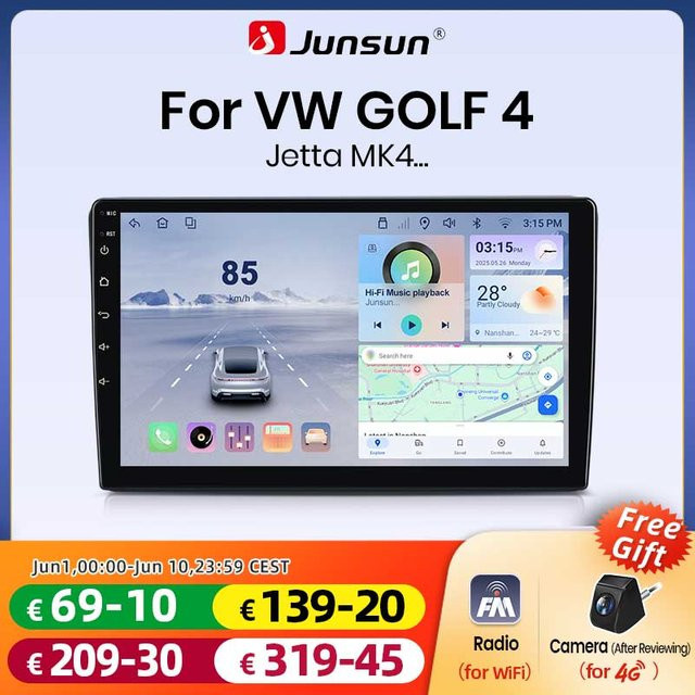 Junsun Android Autoradio für VW Volkswagen Golf 4 Jetta MK4 1997-2003 mit 9,0 Zoll Bildschirm, CarPlay, GPS und DSP, Farbe: Schwarz - Bild 1