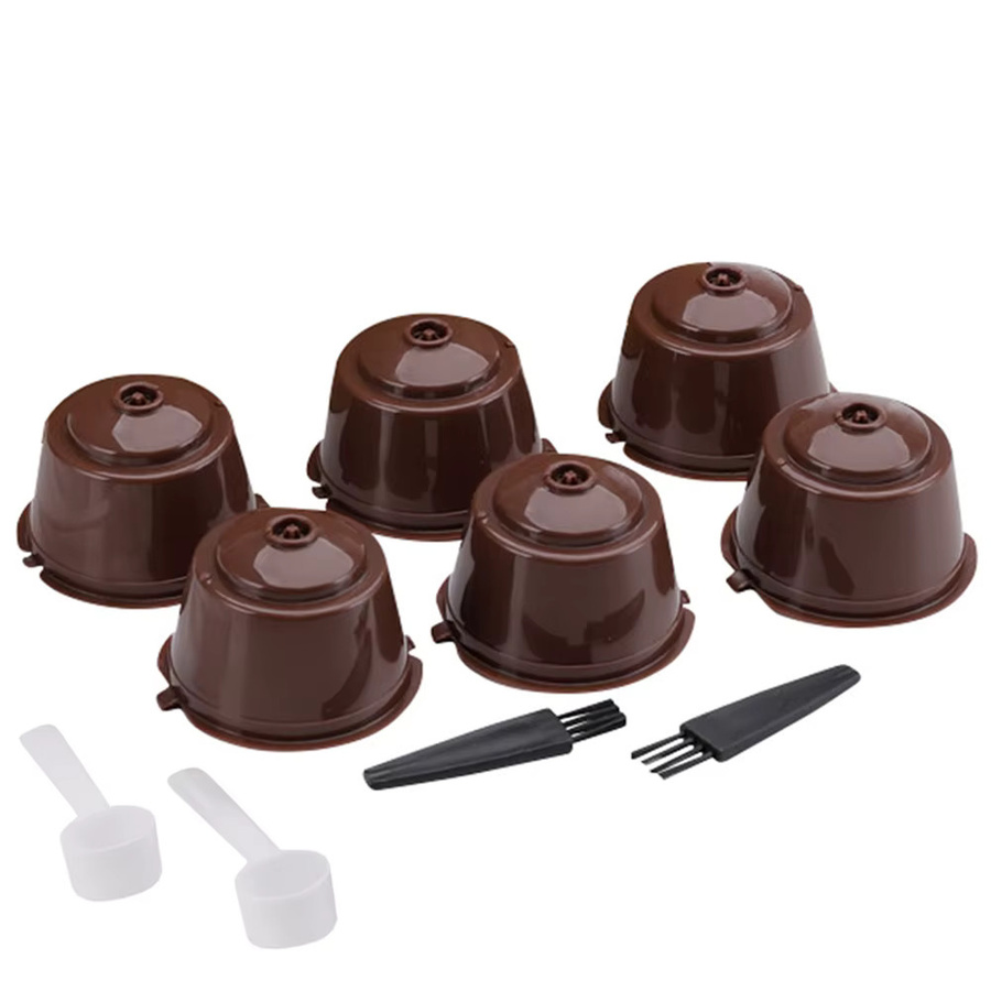 6er Set wiederverwendbare Kaffeekapsel-Siebe für Nespresso inklusive Bürste und Löffel, rund, Schwarz und Braun - Bild 4