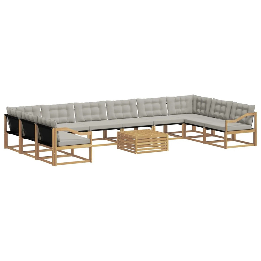 vidaXL Outdoor-Sofagarnitur aus massivem Akazienholz und Textilene in U-Form, 11-teiliges Set mit Kissen in Weiß und Hellgrau - Bild 2