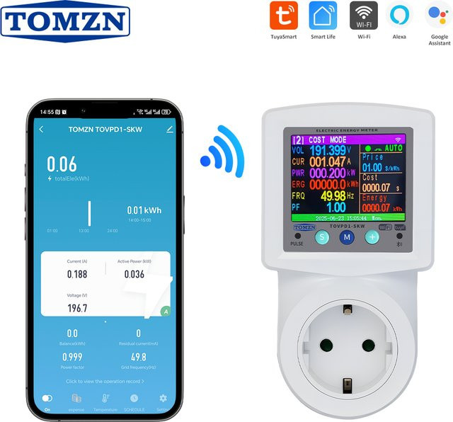 TOMZN WIFI Smart Multifunktions-6-in-1-Steckdose in Weiß mit Tuya-Unterstützung, Prepaid-Zyklus-Timer sowie Spannungs- und Stromschutz zur Messung von V, I, Hz, PF, kW und kWh - Bild 1