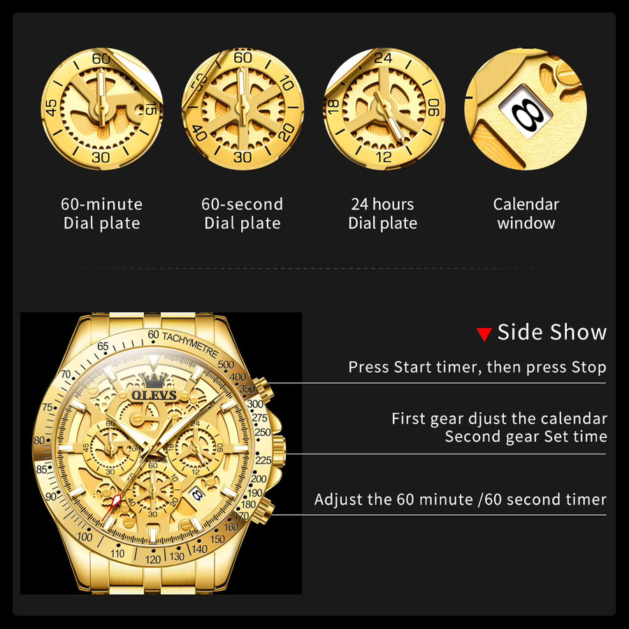 OLEVS Armbanduhr Chronograph, Edelstahl, Gold, Quarz, Herren - Bild 5
