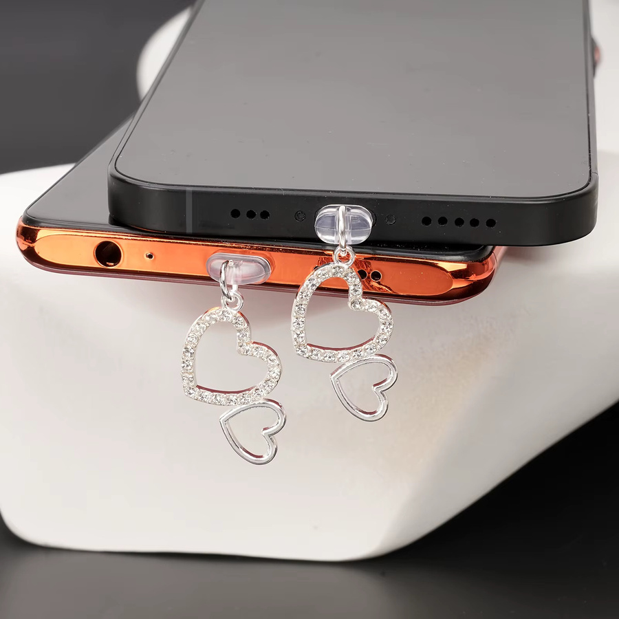 Doppelherz-Staubstopfen aus Legierung mit weißem Kristall für iPhone und USB-C, Farbe: Silber/Weiß - Bild 3