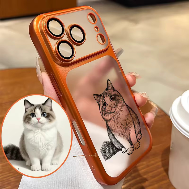 Personalisierte Luxus-Handyhülle mit individuellem Foto-Linienzeichnungsmuster aus mattiertem PC für iPhone 18 17 16 15 14 13 12 Pro Max in Orange - Bild 1