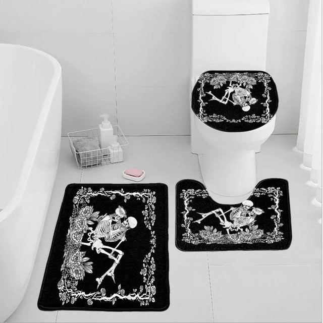 VIKAMA Gothic Skeleton Badezimmerteppich in Schwarz, saugfähige und rutschfeste Badewannenmatte für dein Badezimmer oder den Eingangsbereich - Bild 1
