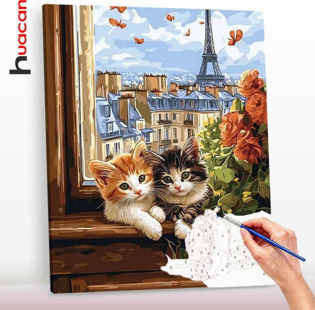 Huacan DIY Ölgemälde nach Zahlen, Katzen, Eiffelturm, Tierlandschaft, Set - Bild 1