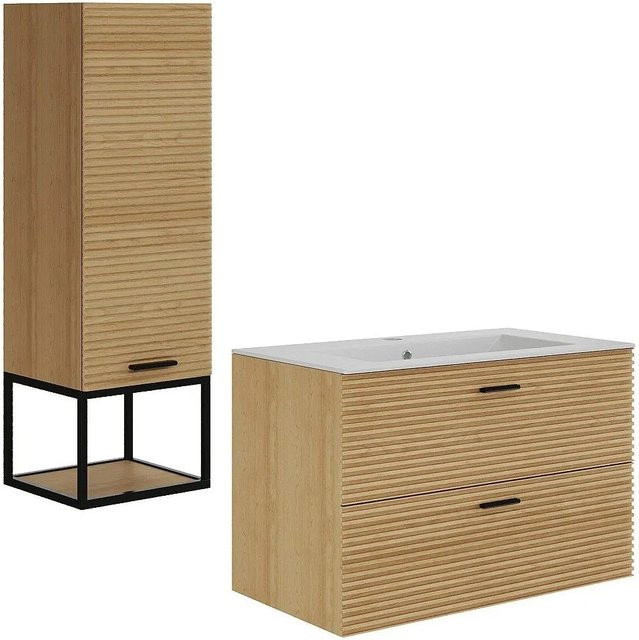 Vente-unique Badmöbel-Set Sarone Modernes Wandmontiertes Set in Naturfarben Beige mit Rillen und Schubladen Breite: 80 cm - Bild 1