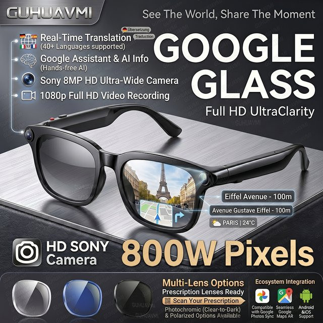 GUHUAVMI Smart Brille mit 4K HD-Kamera, WiFi und Bluetooth 5.4, Open-Ear Audio und Übersetzungsfunktion, Schwarz - Bild 1