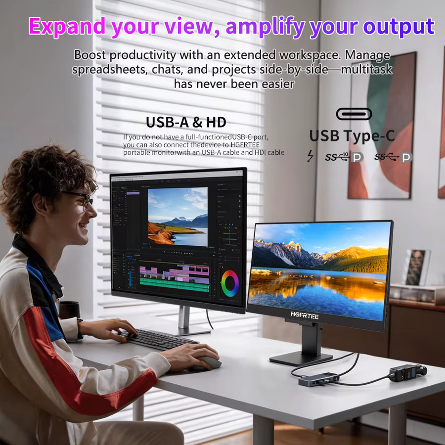 HGFRTET 16 Zoll Tragbarer Monitor FHD 1200P IPS mit 100 % sRGB, 300 cd/m², Adaptive Sync, USB-C und HDMI, Schwarz - Bild 7
