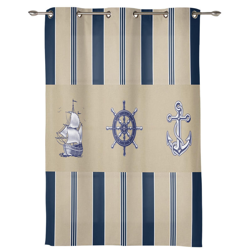 Super Six Vorhang mit maritimem Schiffsruder und Anker Design, blau gestreift, semi-transparent, Breite: 135 cm, Höhe: 160 cm - Bild 2