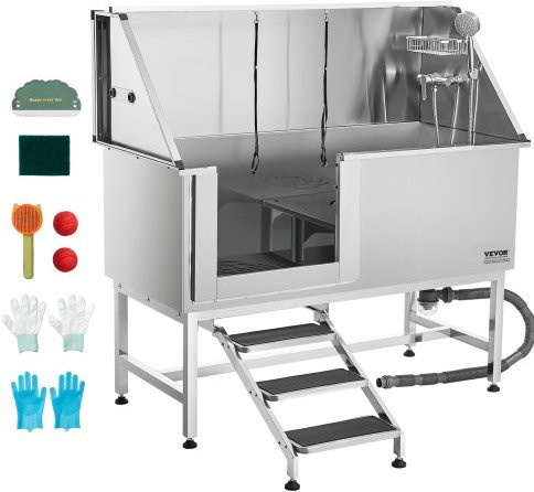VEVOR Hundewaschstation aus Edelstahl in Silber mit Treppe, Wasserfilterplatte, Wasserhahn, Duschkopf und Seifenhalter für Haustiere, B/T/H: 150 x 70 x 149,5 cm (linke Tür) - Bild 1