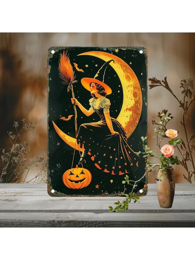CIFBUY Vintage Halloween Metallblechschild mit Hexen- und Mondmotiv, Multicolor, B: 30,48 cm, H: 20,32 cm - Bild 4