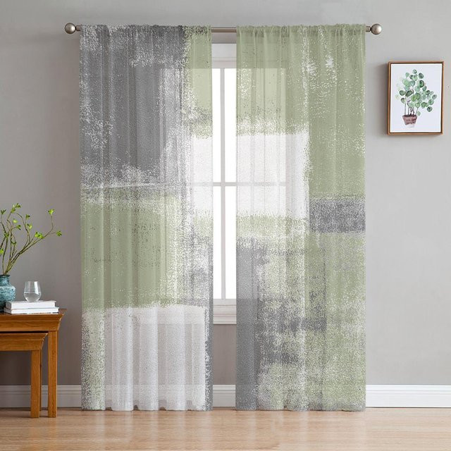 Yiran Furniture Transparente Tüll-Voile-Vorhänge im Ölgemälde-Stil, Türkis, B: 135 cm, H: 115 cm - Bild 1