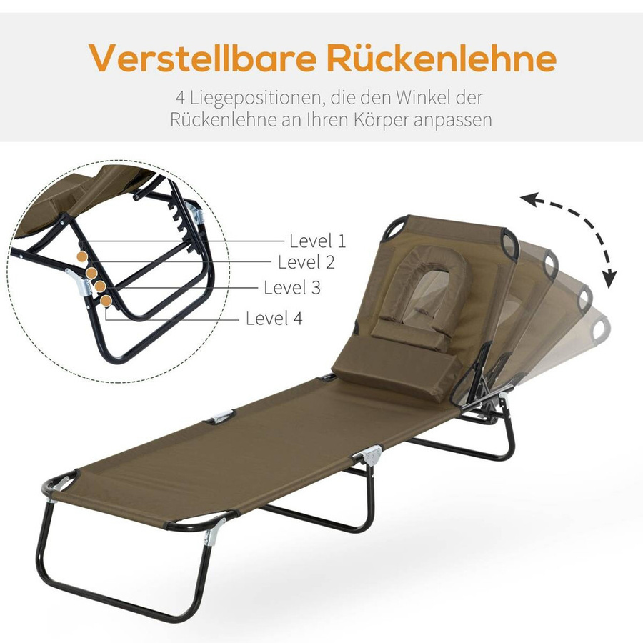 Outsunny Gartenliege mit Gesichtsöffnung und verstellbarer Kopfstütze in Braun, L x B x H: 190 x 56 x 28 cm - Bild 3