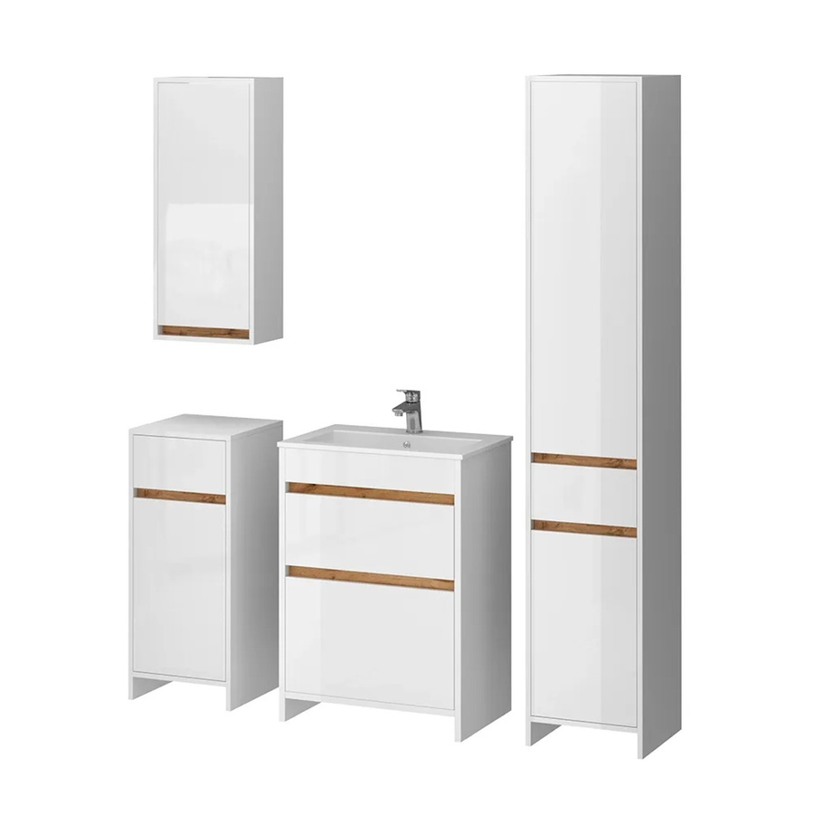 Vicco Badmöbel-Set Detmold in Weiß Hochglanz und Eiche, 5-teilig, Breite: 60 cm - Bild 2