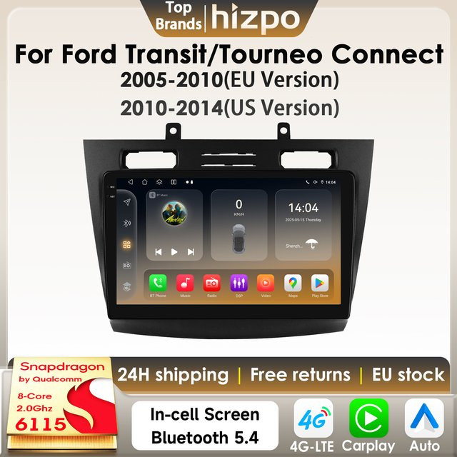 Hizpo Android 14 Auto-Multimedia-Player für Ford Transit/Tourneo Connect 2005–2014 mit 8 Kernen, Snapdragon 6115, AI Carplay, 4G und GPS in Schwarz - Bild 1