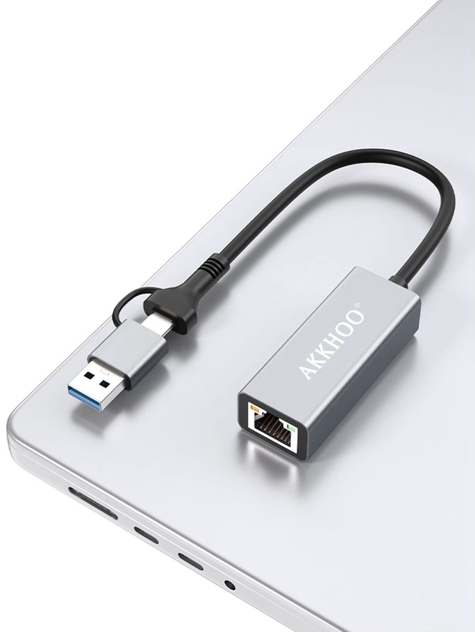 AKKHOO USB und Type-C Zwei-in-Eins Netzwerkkartenkonverter RJ45 Ethernet LAN Adapter in Grau - Bild 4