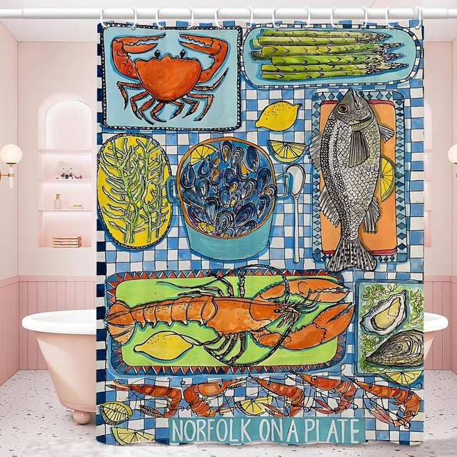 Wasserdichter Duschvorhang mit Sardine und Hummer Motiv in Multicolour von Supermarket GO, B/H: 200 x 180 cm - Bild 1
