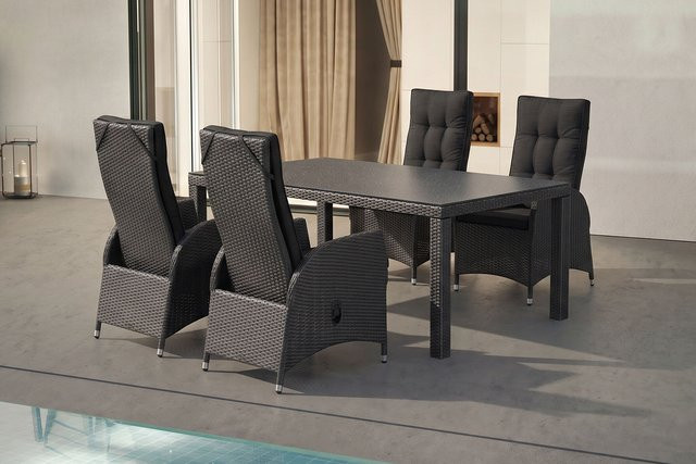 OUTFLEXX Rocking Garten-Essgruppe aus Polyrattan und Aluminium in Grau/Braun-meliert mit Glastisch und 4 Sesseln, Tisch B: 180 cm, T: 110 cm - Bild 1