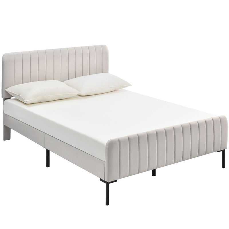 Aosom Doppelbett mit verstellbarem gepolstertem Kopfteil und Lattenrost in Grau-Beige aus Stoff - Bild 2