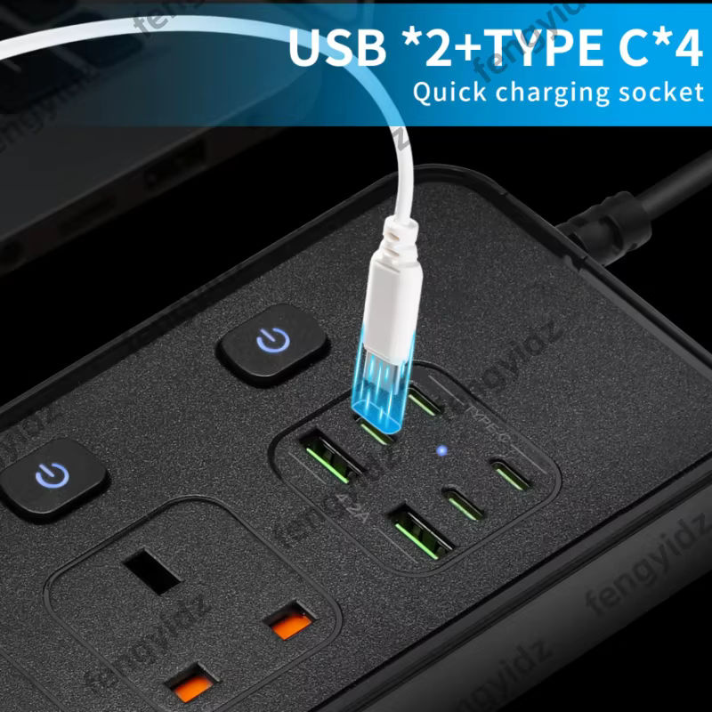 Fengyidz Steckdosenleiste mit UK-Stecker in Weiß, 4 AC-Steckdosen mit unabhängigen Schaltern, USB-Typ-C-Anschluss und Überspannungsschutz, 2 m Kabel - Bild 2