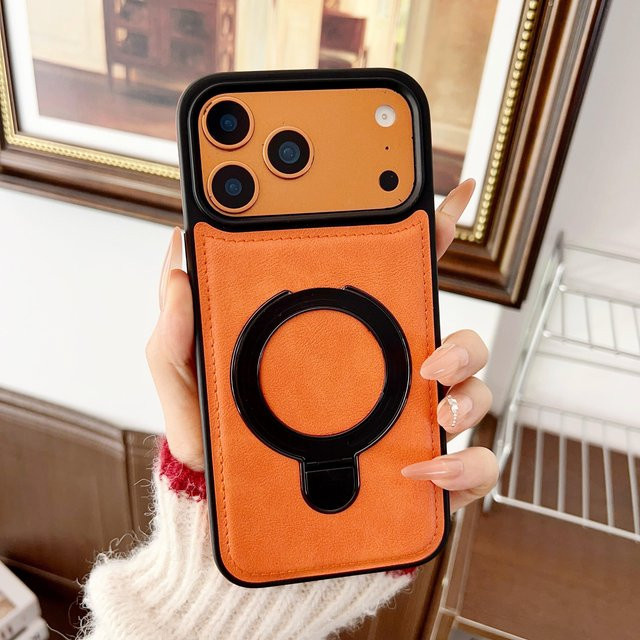 YULIN Business Leder Handyhülle mit magnetischem 360 Grad drehbaren Halter für iPhone 17 16 15 14 13 12 11 Pro Max Plus Mattes Cover in Schwarz und Orange - Bild 1