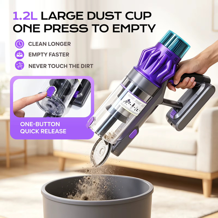 INSE V16 Kabelloser Staubsauger in Purple mit 500W, 75Kpa Saugkraft, Touchscreen, Infrarot-Staubsensor, 6-stufiger HEPA-Filtration und LED-Display für Hartböden und Teppiche - Bild 6