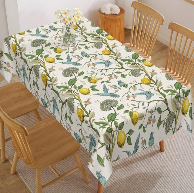 Wasserdichte rechteckige Tischdecke von JMG Household Supplies mit sommerlichem Zitronenbaum- und Vogel-Floral-Design in Weiß, B/B: 100 x 160 cm - Bild 1