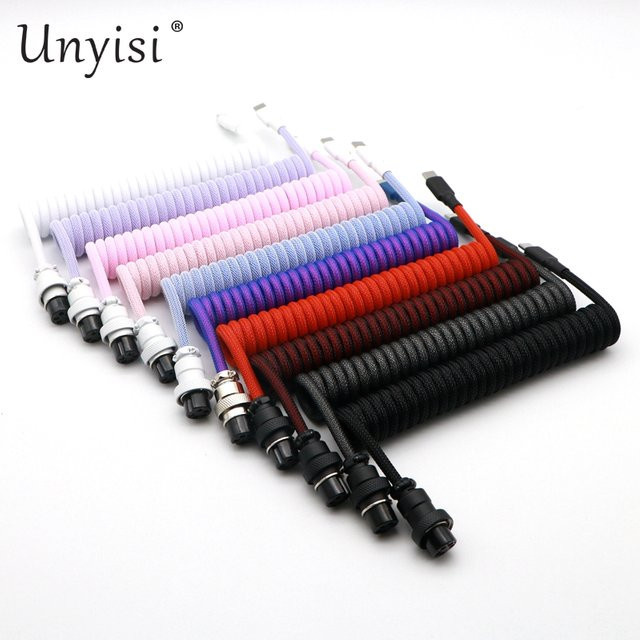 Unyisi Spiralkabel USB-A auf USB-C mit GX16 Aviator Steckern, handgefertigt aus Paracord und PET-Doppelhülsen, Schwarz-Silber - Bild 1