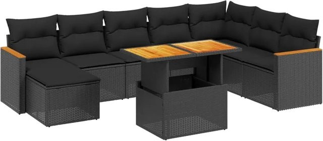 vidaXL 9-tlg Garten-Sofagarnitur in L-Form aus schwarzem Poly-Rattan mit Kissen und Akazienholz - Bild 1