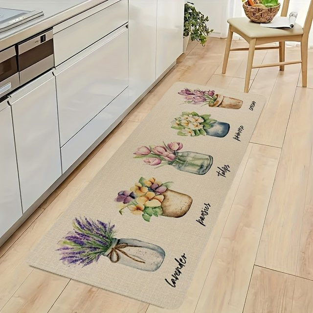 VIKAMA Küchenbodenmatte mit Lavendel- und Tulpen-Design in Mehrfarben, dekorativer Flanell-Teppich für Küche und Esszimmer - Bild 1