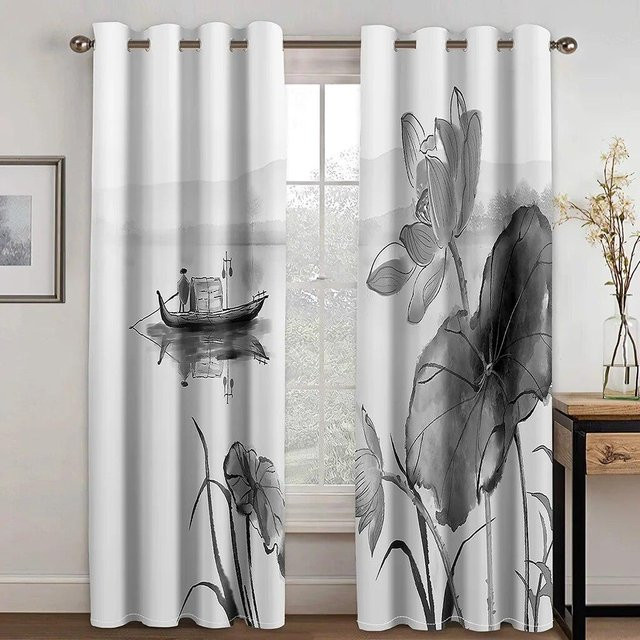 A Family Of Home Textiles Lotusblumenvorhänge mit chinesischer Landschaft im 3D-Druck, Schwarz-Weiß, B: 65 cm, H: 165 cm, 2 Stück - Bild 1