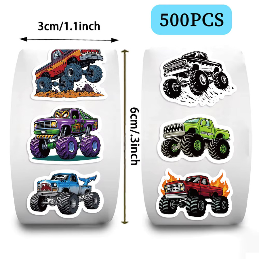 500 Stück Monster-Truck-Aufkleber für Kinder in 10 verschiedenen Cartoon-Stilen, bunte Autoaufkleber-Rolle für Kindergarten und Dekoration - Bild 3