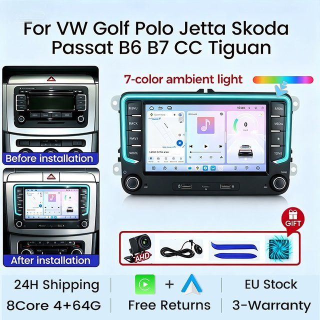 MEKEDE Android 15 Kabelloses Carplay Autoradio mit 7 Zoll Display, Bluetooth, WiFi und 4G LTE für VW Golf 5 6, Passat, Polo 6R, Touran, Tiguan, Caddy, EOS, Jetta sowie Seat und Skoda, Schwarz - Bild 1