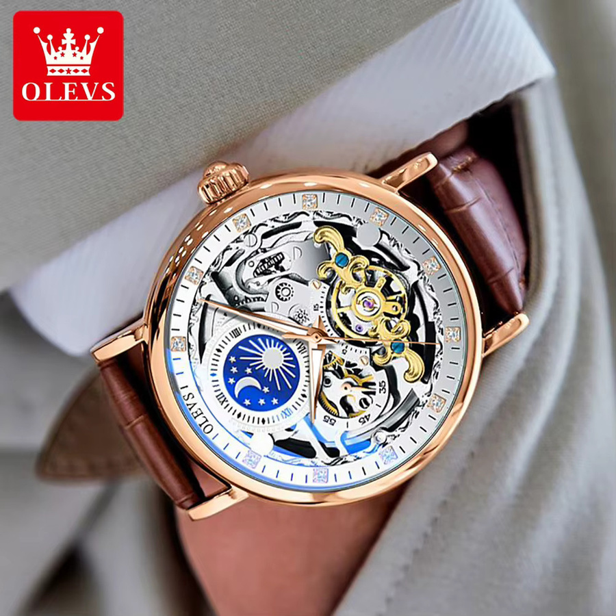 OLEVS Armbanduhr, Automatik, Mondphase, Skelett, Leder, Herren - Bild 4