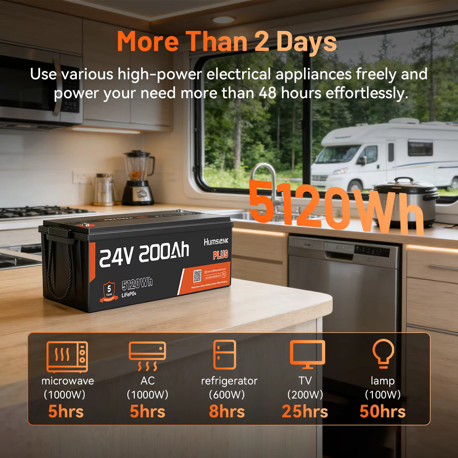 Humsienk 24V 200Ah LiFePO4 Lithium-Batterie mit integriertem 250A BMS und Niedertemperaturschutz in Schwarz für Wohnmobile, Camper und Marine-Anwendungen - Bild 5