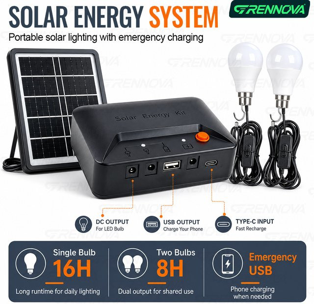 Grennova Tragbares Solar-Beleuchtungsset mit LED-Glühbirnen, USB-Ladegerät und 2 unabhängigen Schaltern, Cool White - Bild 1