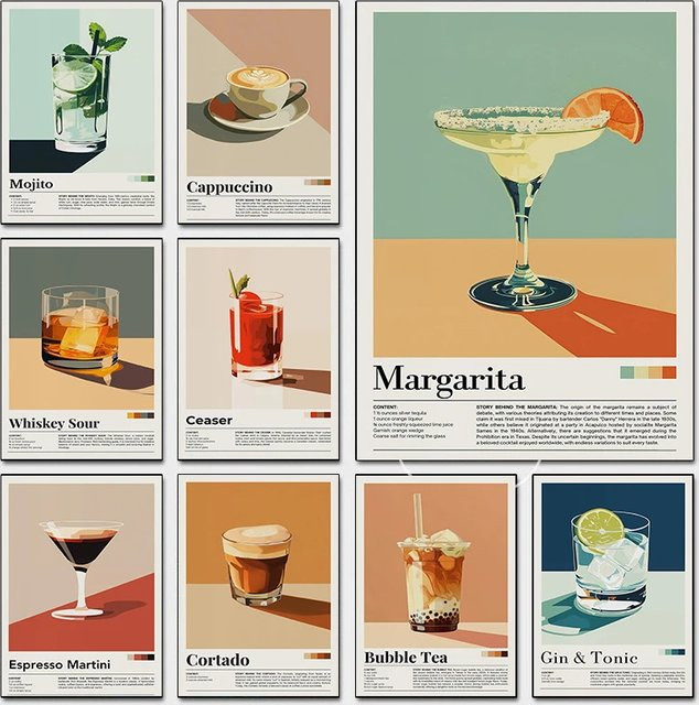 Potdemiel Nostalgisches Café-Poster als minimalistisches Leinwandgemälde mit Retro-Cocktail- und Cappuccino-Motiven in Mehrfarbig - Bild 1