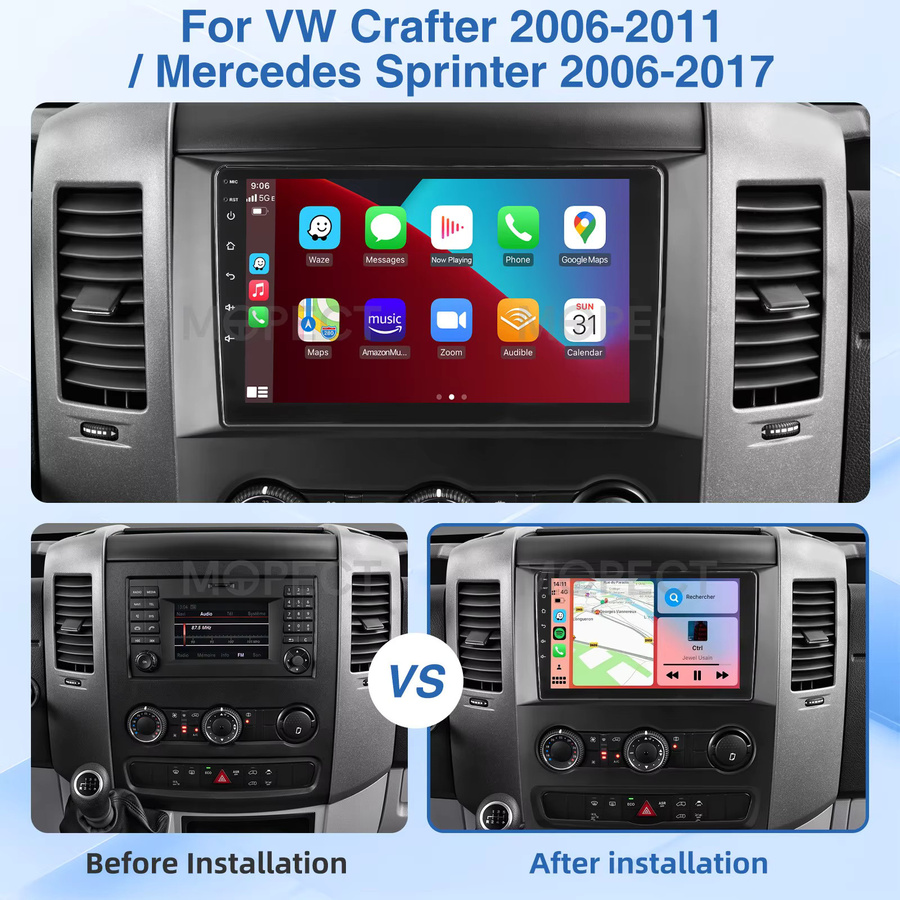 MOPECT Android 15 Autoradio mit 10 Zoll Display, 4+64GB, WiFi, CarPlay, GPS, Bluetooth, DVR & AHD für VW Crafter 2006-2011 und Mercedes Sprinter 2006-2017, Schwarz - Bild 2