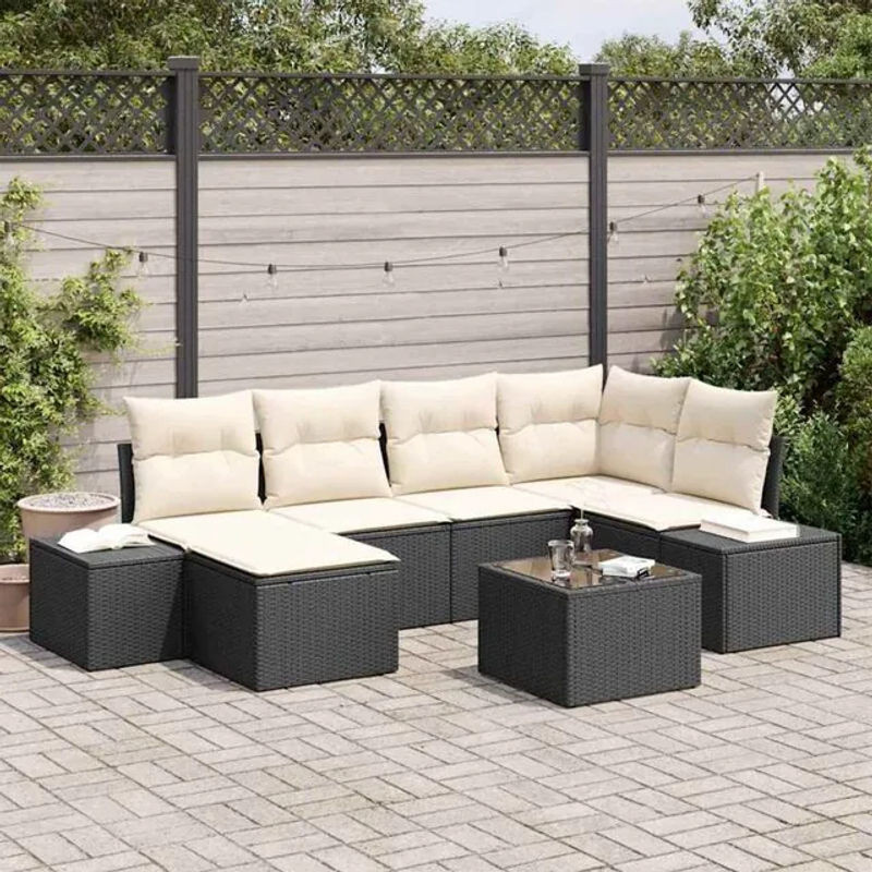 Vidaxl Garten-Sofa-Set aus 7 Teilen in Schwarz und Beige aus Polyrattan mit Loungemöbeln, B/T/H: 264 x 154 x 85 cm - Bild 1