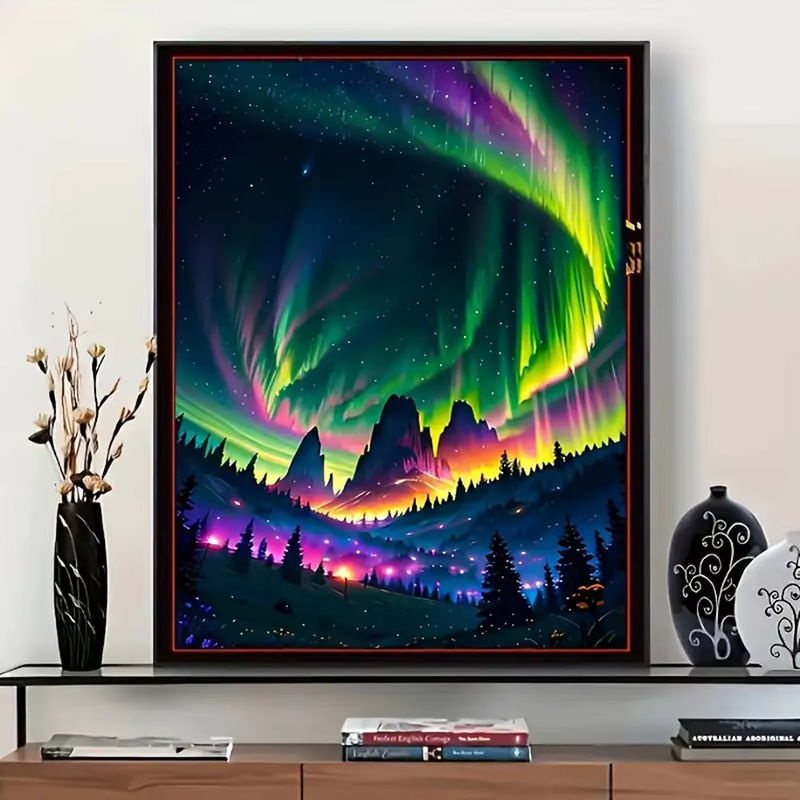 HUACAN Diamant-Mosaik-Landschafts-Diamantgemälde Aurora Borealis mit vollen runden Bohrern als kreative Wanddekoration, Multicolor, Breite: 30 cm, Höhe: 40 cm - Bild 3