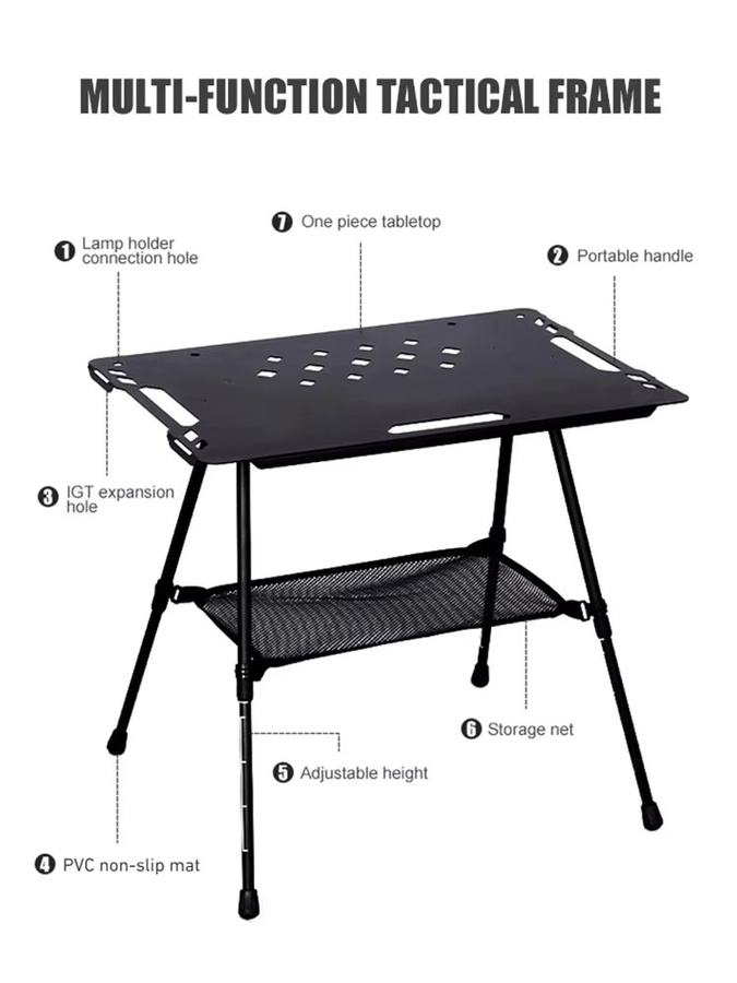 Wettune Taktischer Campingtisch aus Aluminiumlegierung mit Zubehör, klappbarer Multifunktionstisch für Outdoor und Garten, Schwarz Matt - Bild 2