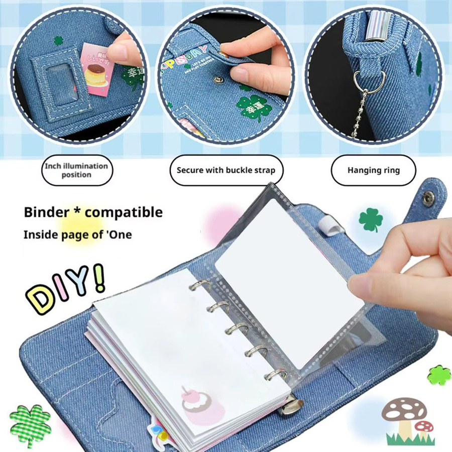 Blaues Denim-Notizbuch mit Kleeblatt-Muster und Anhänger im Kawaii-Design - Bild 5