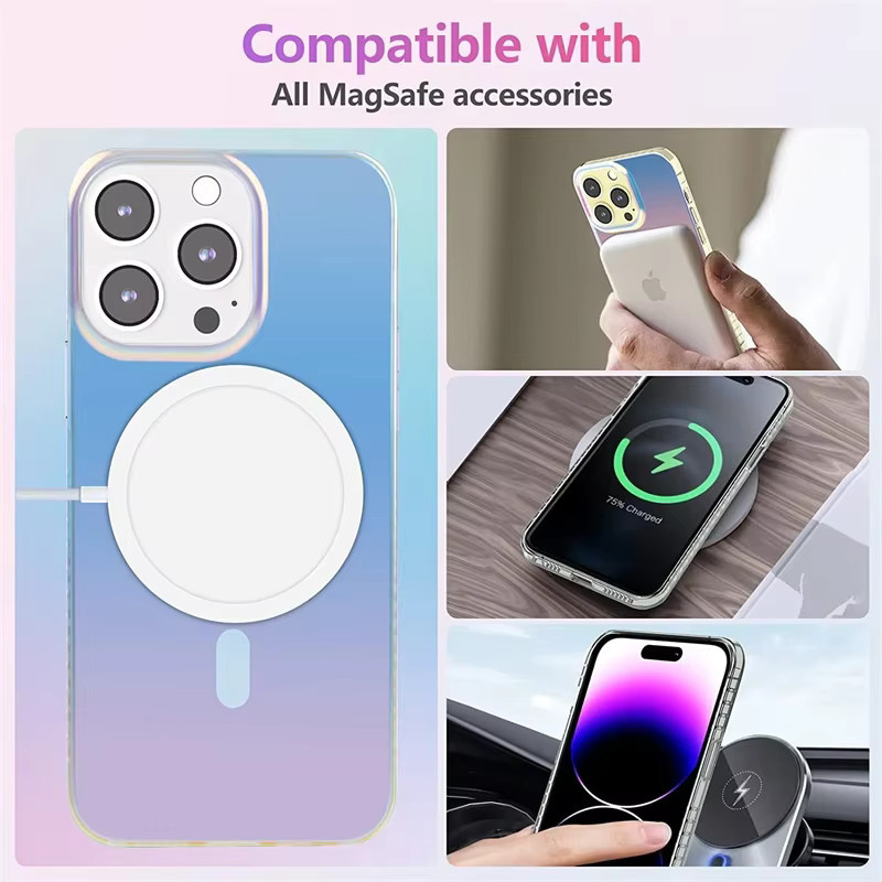 NMEGOU Magnetische Schutzhülle mit mattem Laser-Farbverlauf für iPhone 12 bis iPhone 17 Pro Max Plus Air, Transparent/Mehrfarbig - Bild 2