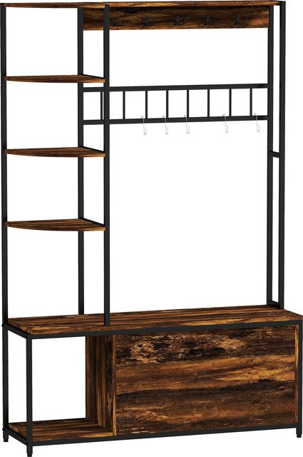 HOMCOM Garderobenständer mit Sitzbank und Schuhablage in Braun, 4-in-1 Flurmöbel im Industrial Design mit 10 Haken und 3 Ablagen - Bild 1