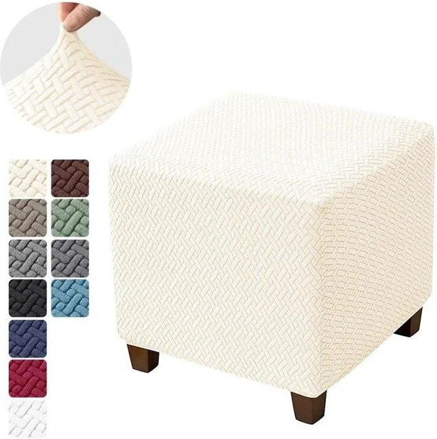BC-Warm Home Stretch Ottoman Hocker Abdeckung aus Jacquard-Velvet in Beige, elastischer Schonbezug für quadratische Fußhocker - Bild 1