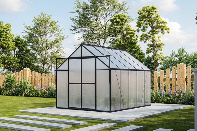 OUTFLEXX Verde Premium Gewächshaus in Schwarz aus Aluminium und Polycarbonat mit Schiebetür und 2 Fenstern, B/T/H: 310 x 244 x 230 cm - Bild 1
